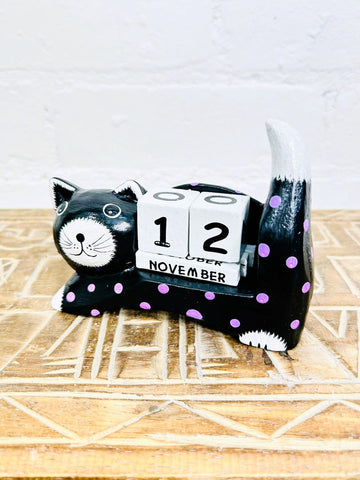 Fair Trade Handmade Black Spotty Cat Perpetual Calendar