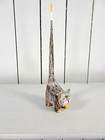 Fair Trade Tall Tail Wooden Spotty Cat - Grey