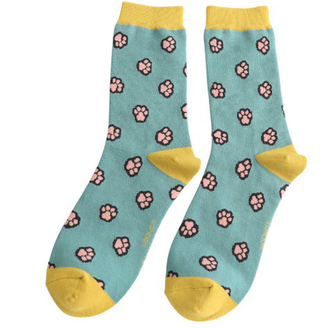 Miss Sparrow Ladies Bamboo Cat Socks 'Jelly Bean Paws' Duck Egg