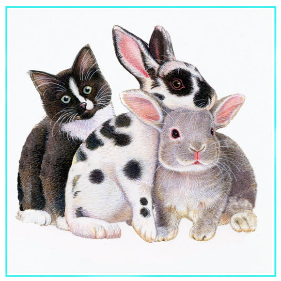 Richard Partis All Cuddled Up Cat & Bunnies Greetings Card