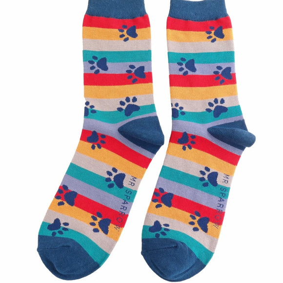 Mr Sparrow Men's Bamboo Cat Socks 'Paw Prints & Stripes’