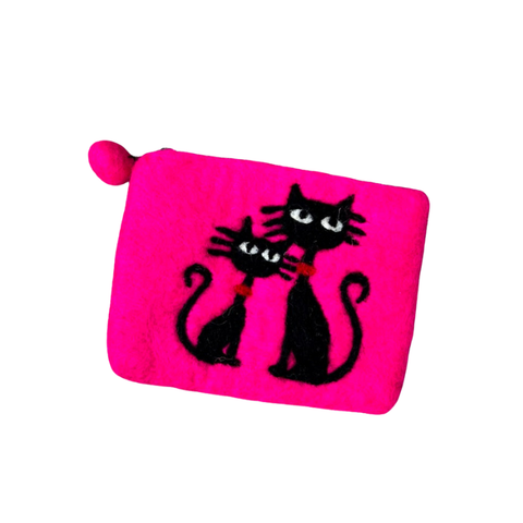 Fair Trade Handmade Felt Black Cat Purse - Pink or Grey