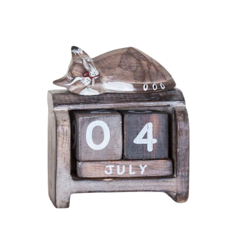 Fair Trade Handmade Wooden Perpetual Calendar - Sleeping Cat