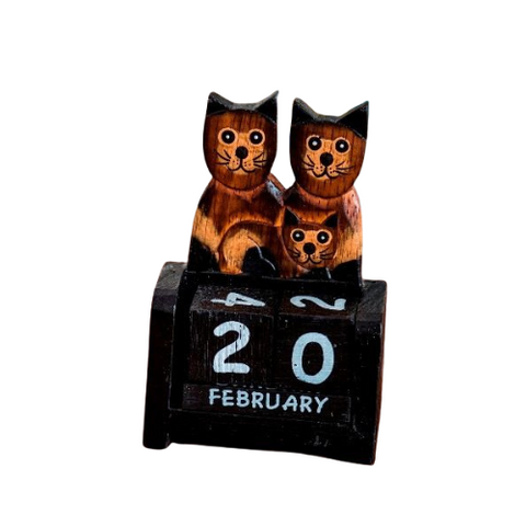 Fair Trade Handmade Wooden Perpetual Calendar - Cat Family