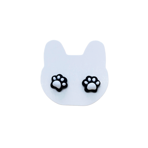 Cat Earrings - White Toe Beans on Black Paws Studs