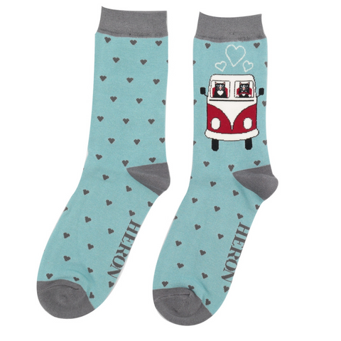 Mr Heron Men's Bamboo Socks 'Road Trip Cats' Blue