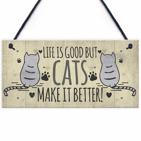 "Life is Good" Plywood Hanging Cat Plaque