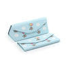 Light blue glasses case with cartoon designs on a white background