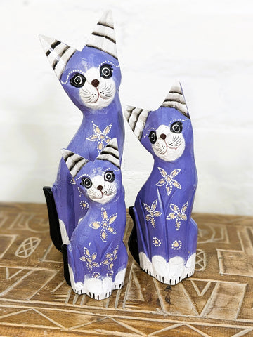 Fair-trade Handmade 3 Purple Floral Cats Wooden Ornaments