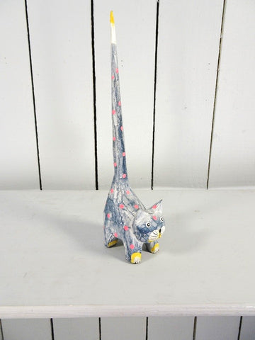Fair Trade Tall Tail Wooden Spotty Cat - Blue