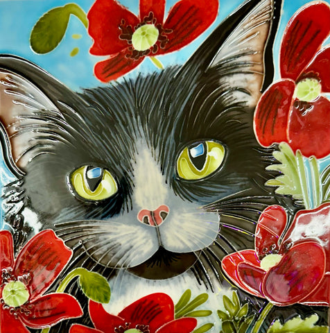 Handcrafted Peering Through Poppies Cat Tile 8x8"