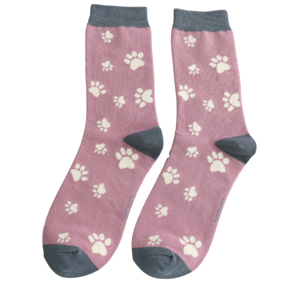 Miss Sparrow Ladies Bamboo Cat Socks 'Paw Print' Mauve