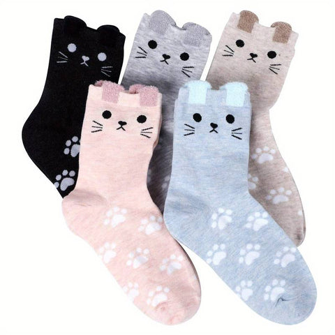 Ladies Cotton Cat Socks Paw Print & Fleecy 'Ears'