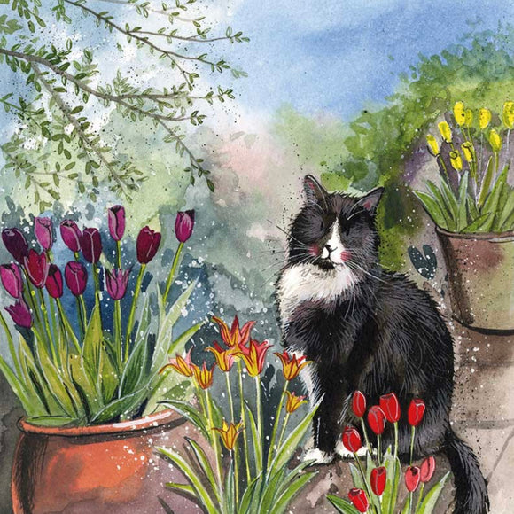 Alex Clark Classic Square Cat Card - Cat & Tulips