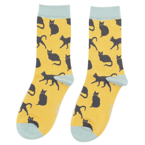 Miss Sparrow Ladies Bamboo Socks 'Cute Cats' Yellow