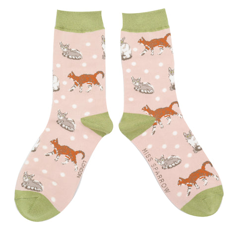 Miss Sparrow Ladies Bamboo Socks 'Cats & Spots' Pink