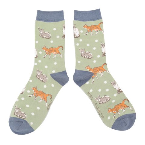 Miss Sparrow Ladies Bamboo Socks 'Cats & Spots' Sage