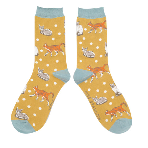 Miss Sparrow Ladies Bamboo Socks 'Cats & Spots' Mustard