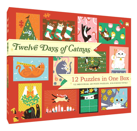 12 Days of Catmas: Box of 12 Christmas Cat Jigsaw Puzzles