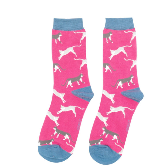 Miss Sparrow Bamboo Socks ‘Wandering Cats’ Hot Pink