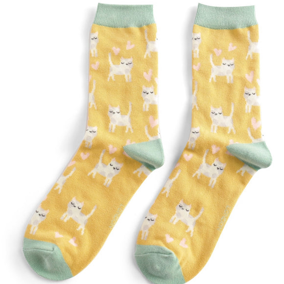Miss Sparrow Ladies Bamboo Cat Socks 'Sleepy Cats' Yellow