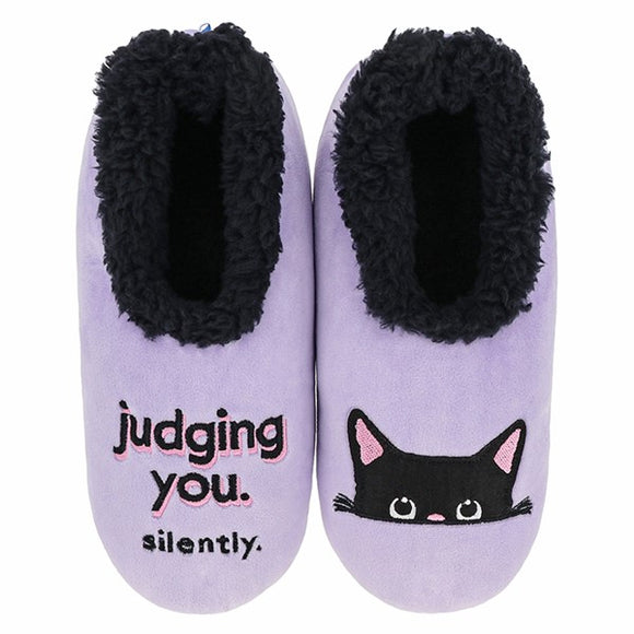 Snoozies Pairables ‘Judging You’ Purple Cat Slippers