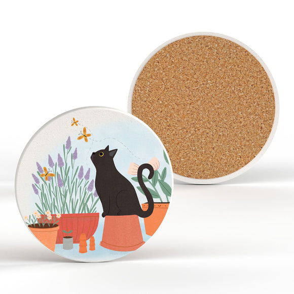 Cat on a Pot Ceramic Round Coaster