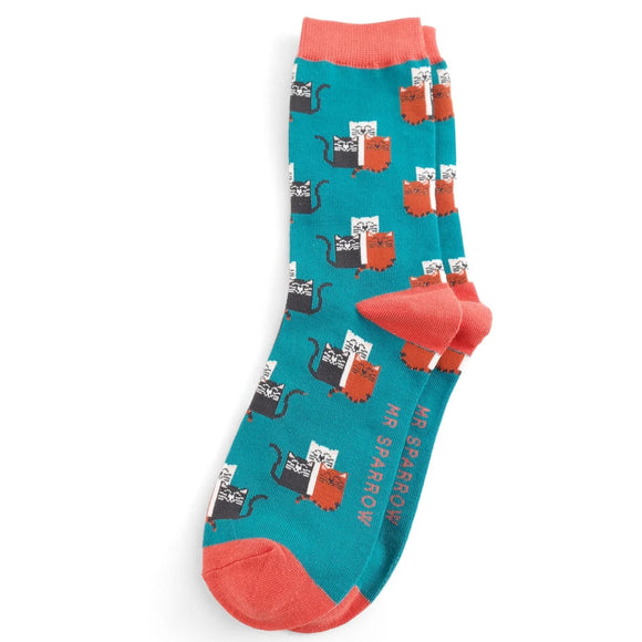 Mr Sparrow Men's Bamboo Cat Socks 'Cat Club’ Teal