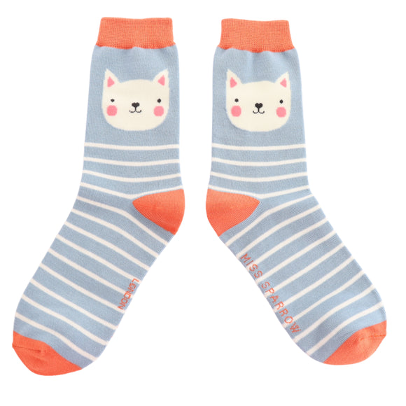 Miss Sparrow Bamboo Cat Socks 'Kitty Stripes’ Powder Blue