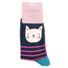 Miss Sparrow Ladies Bamboo Cat Socks 'Kitty Stripes’ Navy