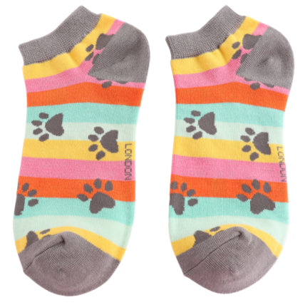 Miss Sparrow Ladies Bamboo Trainer Socks Paw Prints & Stripes