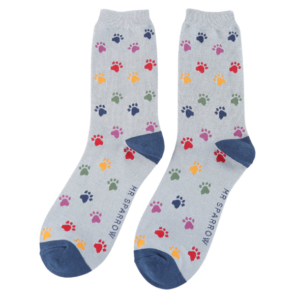 Mr Sparrow Men's Bamboo Cat Socks ‘Multi Paw Prints’ Denim