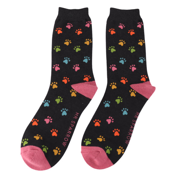 Mr Sparrow Men's Bamboo Cat Socks ‘Multi Paw Prints’ Black
