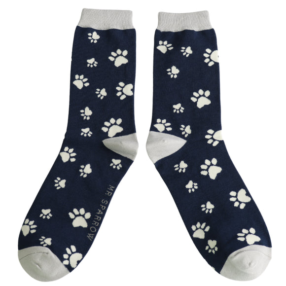 Mr Sparrow Men's Bamboo Cat Socks ‘Paw Print’ Navy