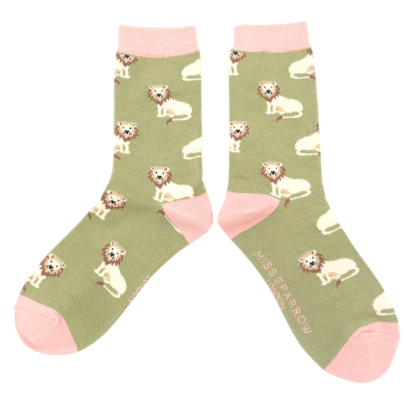 Miss Sparrow Ladies Bamboo Cat Socks 'Lions’ Olive