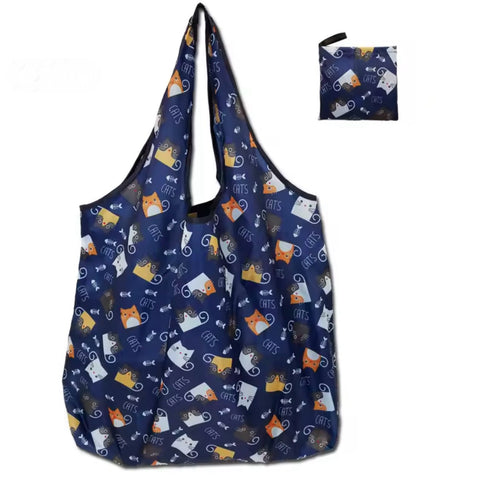 Large Cats Reusable Folding Shopping Bag / Tote Navy