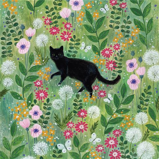 Black Cat in Flowers Greetings Card Any Occasion