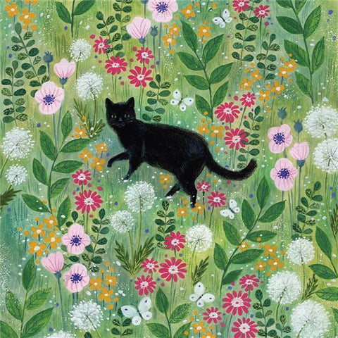 Black Cat in Flowers Greetings Card Any Occasion
