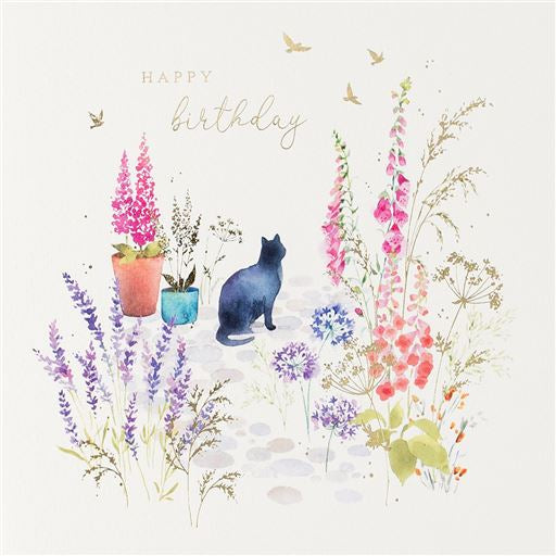 Cat in the Garden Birthday Card with Gold Foiling