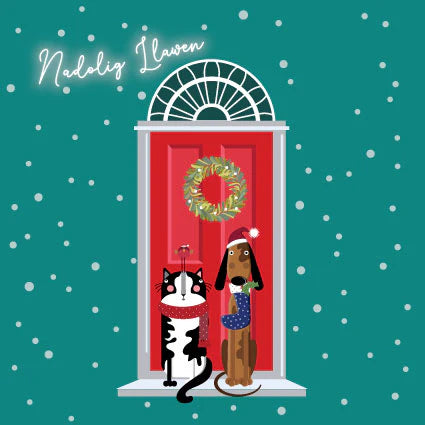 Cat and Dog Welsh Christmas Card - Nadolig Llawen