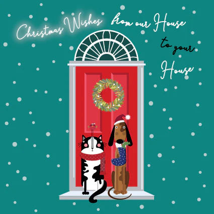 Cat and Dog Cute Christmas Card - Our House to Yours