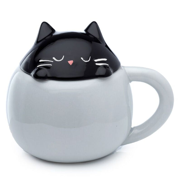 Feline Fine Black Cat Peeping Lid Ceramic Mug