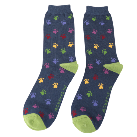 Mr Sparrow Men's Bamboo Cat Socks ‘Multi Paw Prints’ Navy