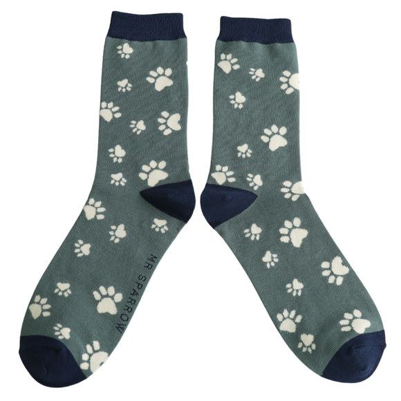Mr Sparrow Men's Bamboo Cat Socks ‘Paw Print’ Green