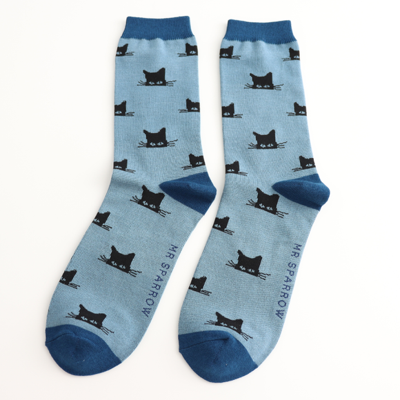 Mr Sparrow Men's Bamboo Cat Socks ‘Peeking Cats' Denim