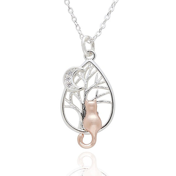 Equilibrium Silver Plated Moon Gazing Cat Necklace Pendant