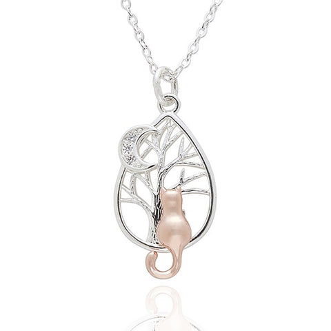 Equilibrium Silver Plated Moon Gazing Cat Necklace Pendant