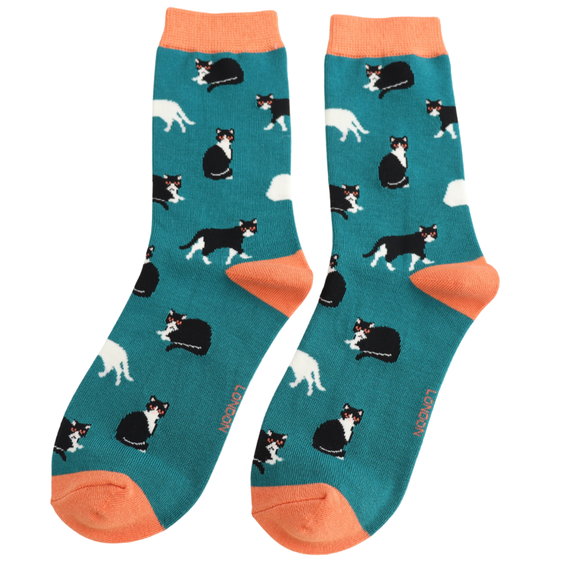 Miss Sparrow Bamboo Socks 'Black & White Cats' Teal