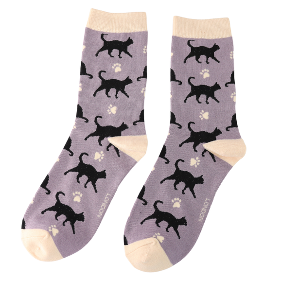 Miss Sparrow Ladies Bamboo Socks 'Cats & Prints' Mauve