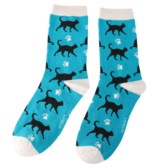 Miss Sparrow Ladies Bamboo Socks 'Cats & Prints' Teal